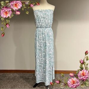 Strapless leaves botanical print maxi dress